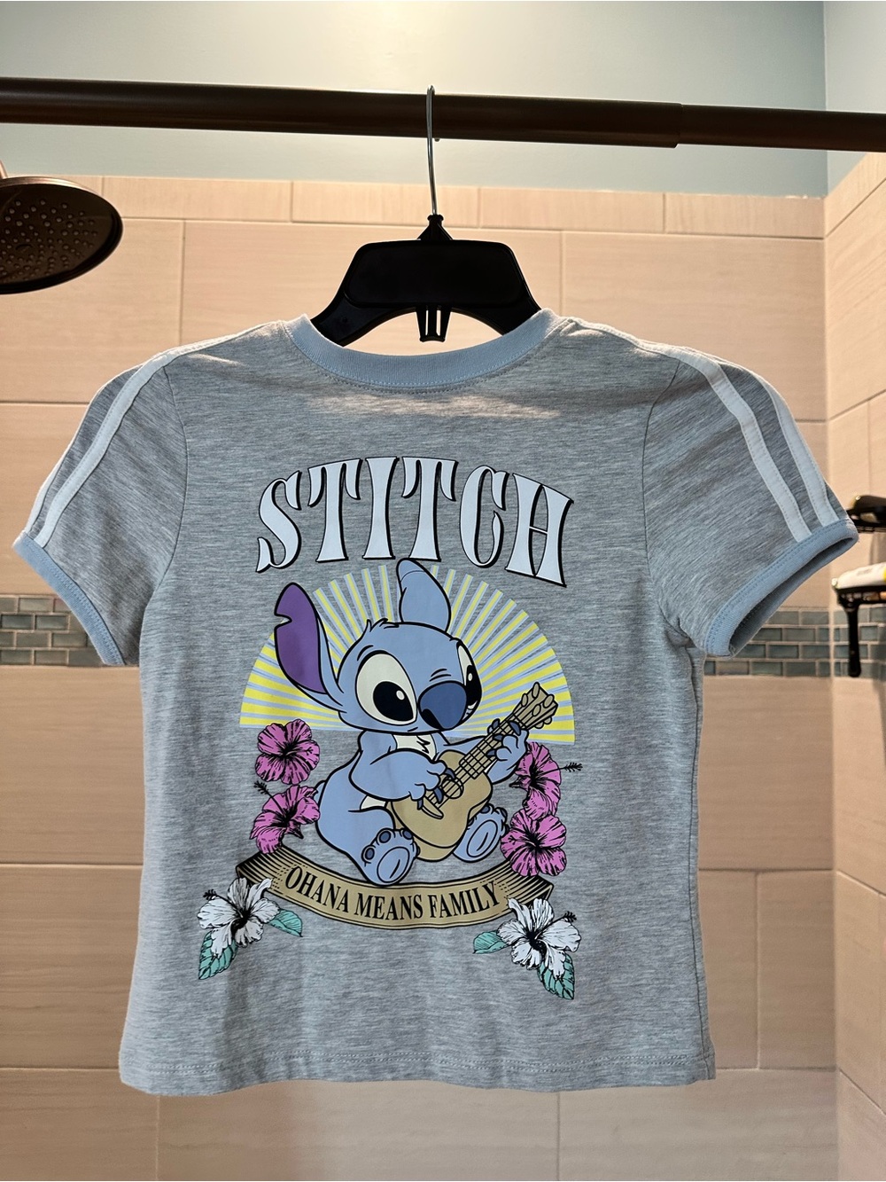 Disney Gray Stitch Graphic Tee with Floral Ukulele Design
